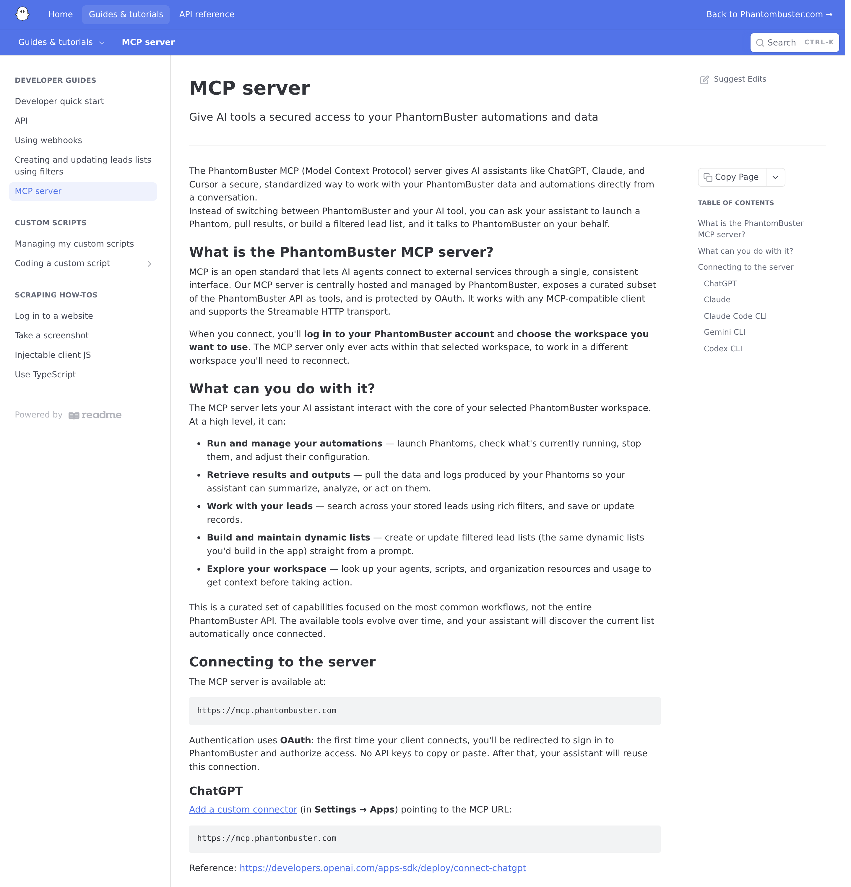 PhantomBuster MCP server docs — official hosted endpoint, OAuth, Streamable HTTP
