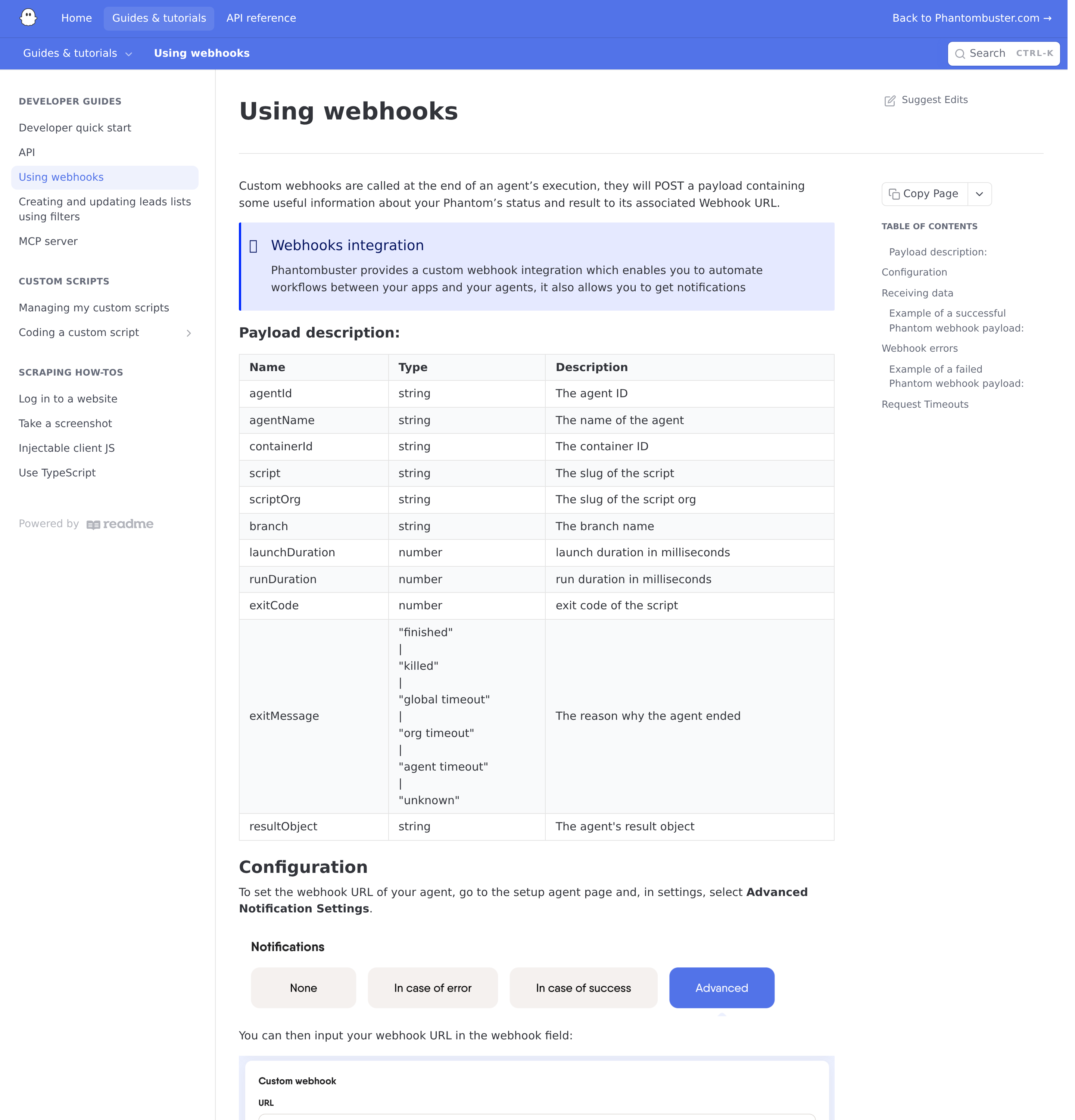 PhantomBuster webhooks — payload fields, exitMessage values, and failure modes