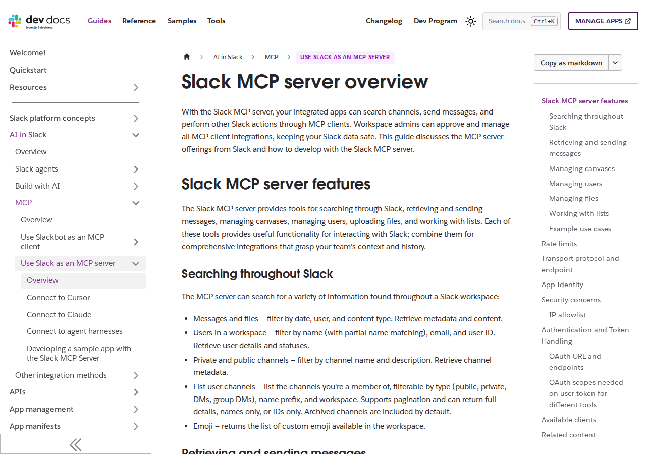 Slack's official MCP server documentation