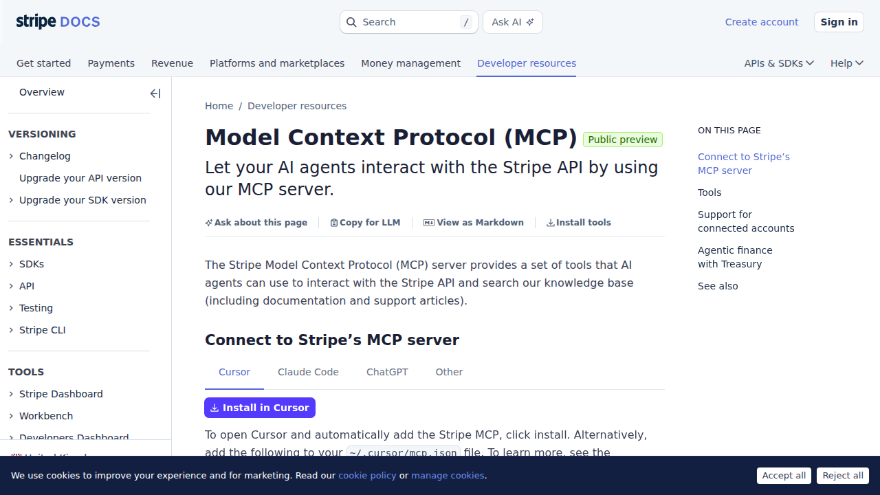 Stripe MCP documentation page — official setup guide
