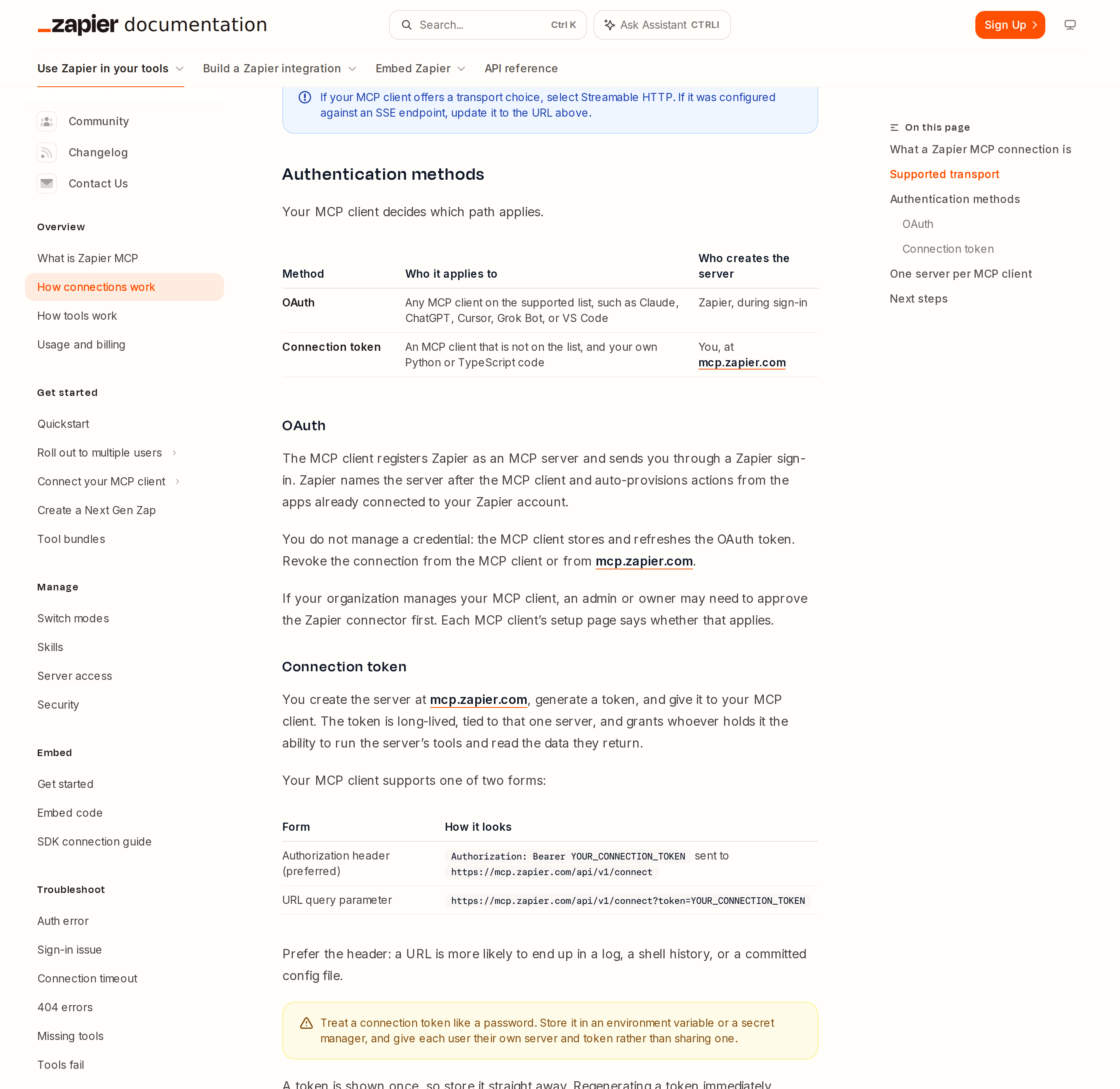How Zapier MCP connections work — one endpoint, Streamable HTTP only, two auth paths