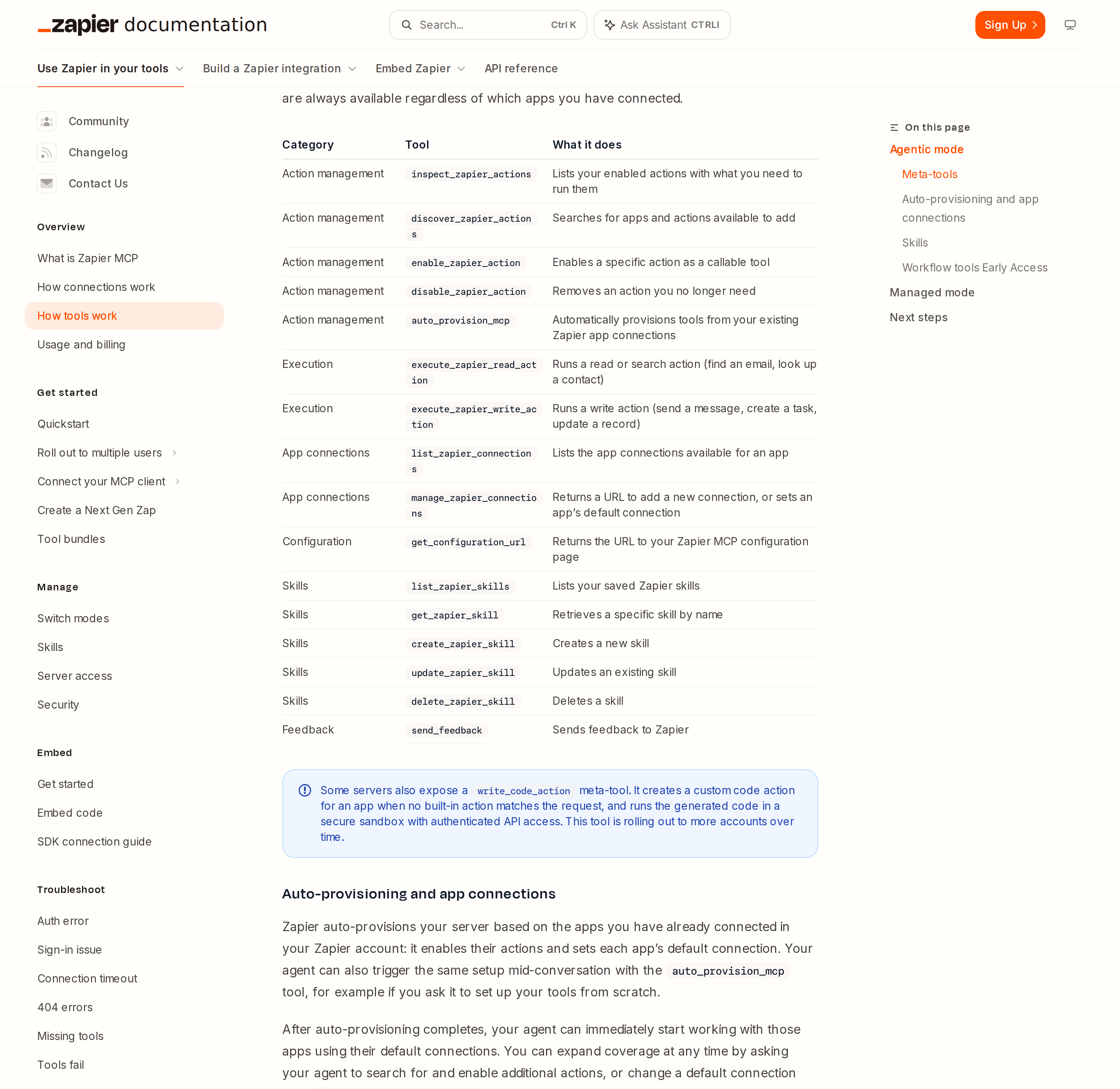 How Zapier MCP tools work — agentic vs managed mode and the meta-tools