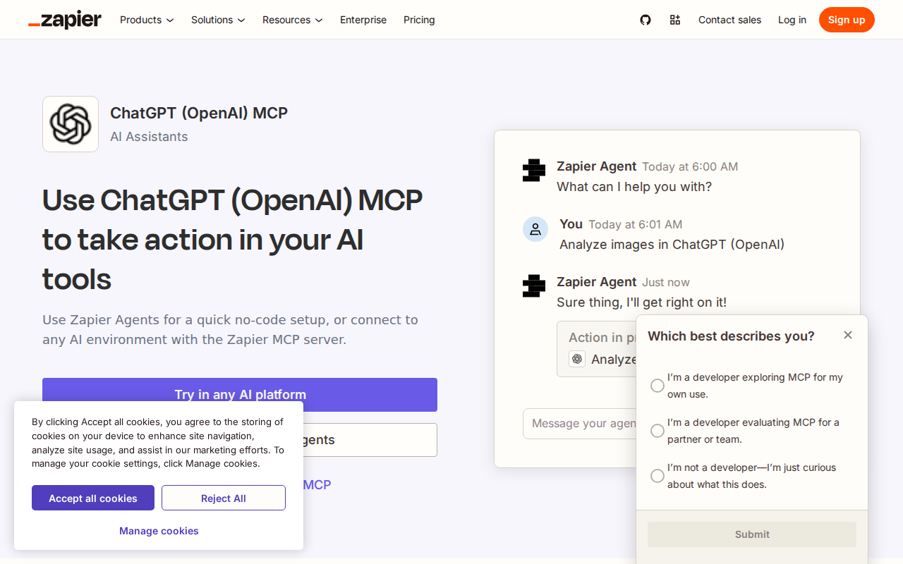 Zapier MCP ChatGPT page — dedicated setup guide for ChatGPT users