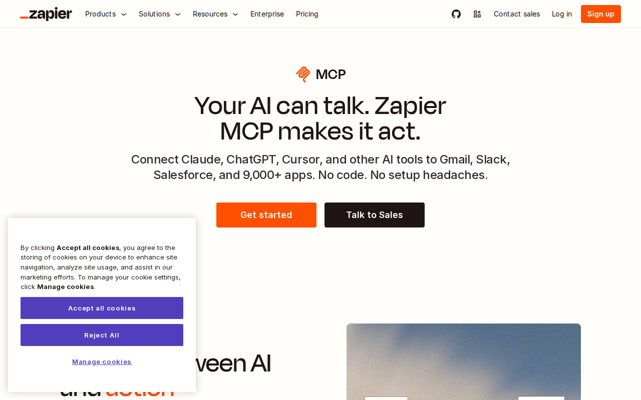 Zapier MCP homepage — connects ChatGPT, Claude, and Cursor to 9,000+ apps