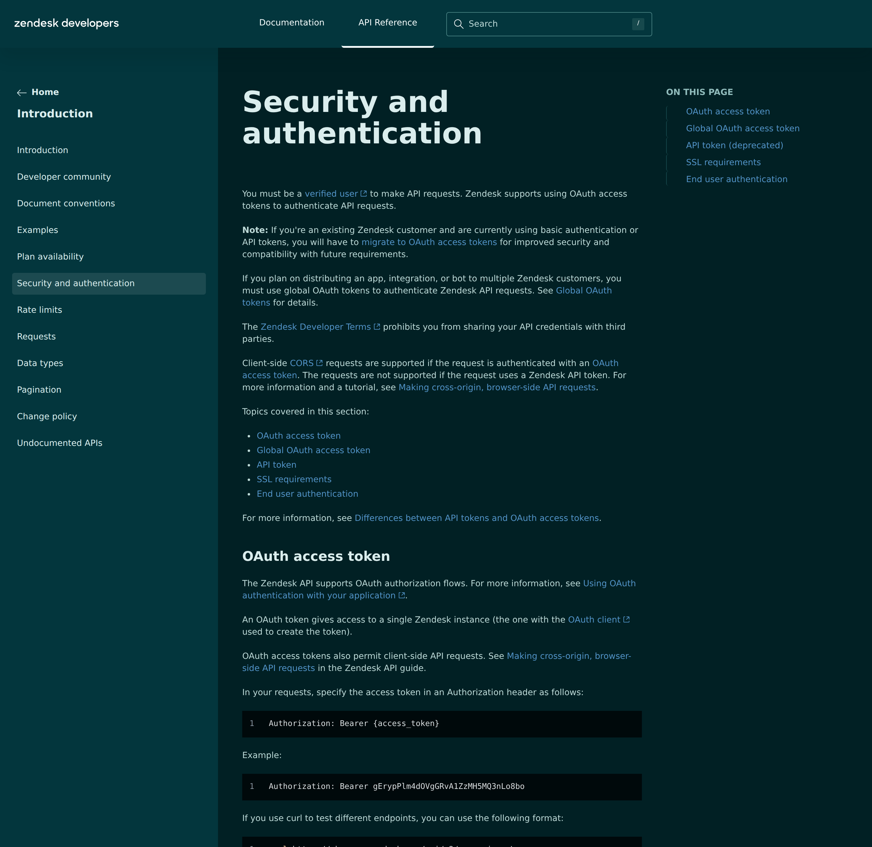 Zendesk API security and authentication reference — OAuth access tokens are the supported path, API tokens are marked deprecated