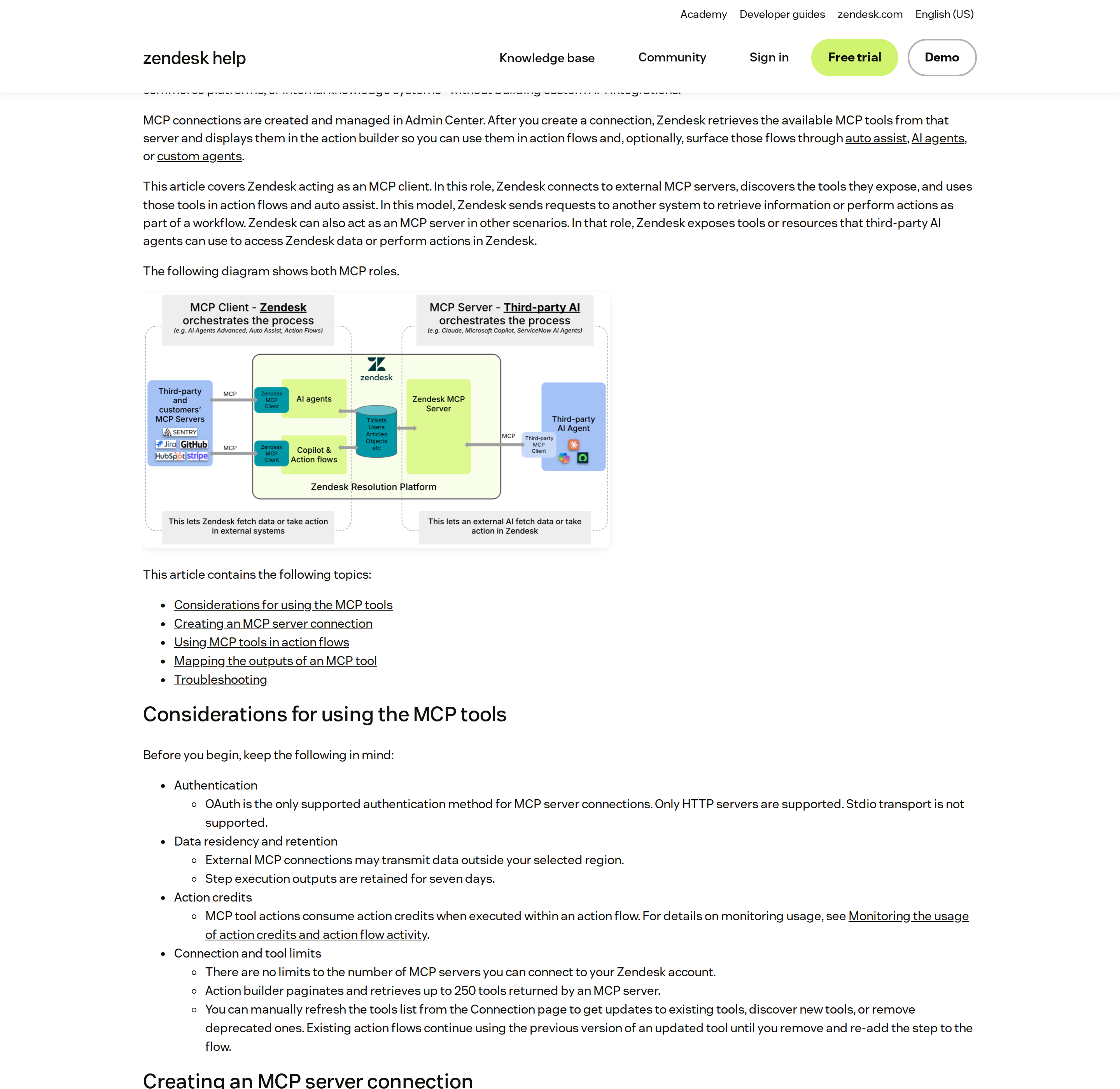 Zendesk's official article on connecting to MCP servers — this one documents Zendesk as a CLIENT calling external MCP servers, not as a server