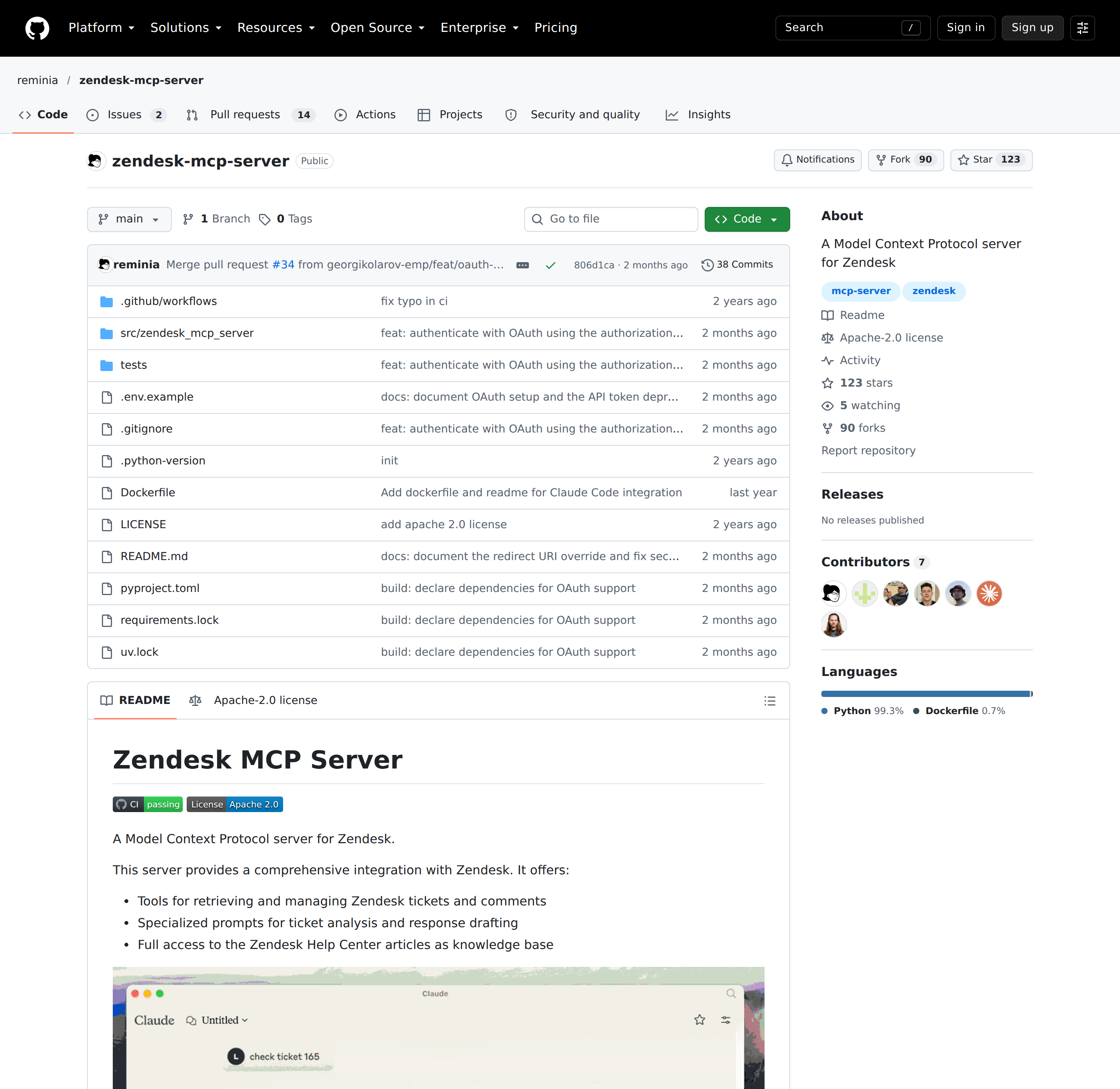 The reminia/zendesk-mcp-server repository — the Apache-licensed Zendesk MCP server, now OAuth-first with per-operator authorization